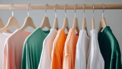 A Vibrant Collection of Shirts Hung on a Wooden Rack Showcases a Range of Colors and Textures, Creating an Inviting Atmosphere for Fashion Enthusiasts and Shoppers.