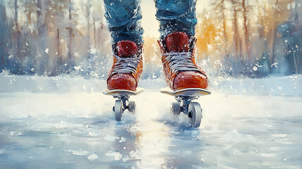 Person ice skating on frozen lake in winter forest.