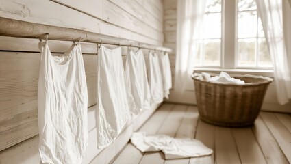 An Aesthetic and Inviting Laundry Room Featuring Crisp White Linens on a Wooden Rail, with a Cozy Basket Finishing the Scene and Soft Natural Light Streaming Through the Windows