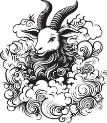 Obraz premium A painting in vector of the twelve zodiac goat drawn in black lines, this is a tattoo design surrounded by clouds and water. Elegant composition in a clip art style , isolated on a white background