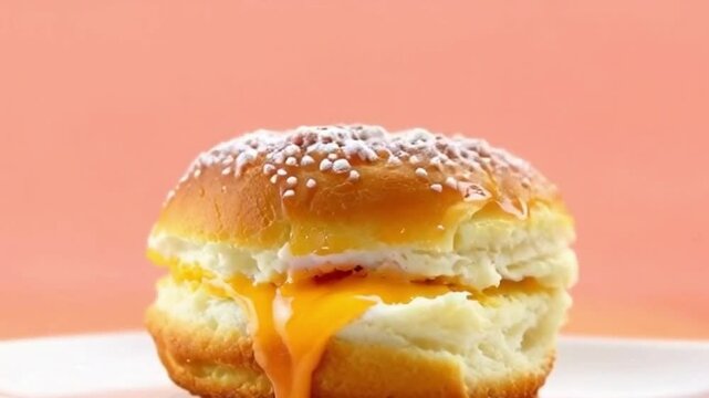 Passionfruit cronut with vibrant yellow filling, set against a pastel orange background, adding tropical freshness