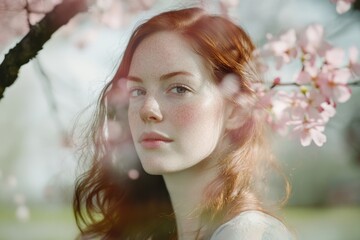 Fototapeta premium A young woman with red hair and freckles stands amidst blooming cherry blossoms.