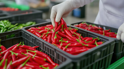 Fresh red chili peppers being sorted in plastic containers by worker