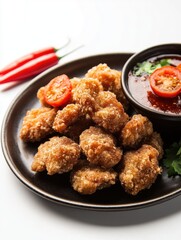 Fototapeta premium Plate of fried chicken with a side of sauce and a tomato. The plate is black and white