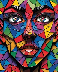 Vivid Stained Glass Mosaic Portrait of a Woman's Face in Bright Colors Featuring Abstract Geometric Shapes and Artistic Details Perfect for Unique Modern Art and Creative Design Inspiration © Imagine 