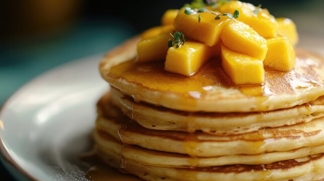 Appetizing stack of delicious pancakes with a fresh topping of banana slices and syrup. A delightful breakfast or brunch dish. - Powered by Adobe