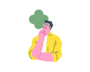Thinking people, modern flat vector concept illustration- man standing thoughtfully, looking upwards, bubble near his head Metaphor for reflection, analysis, introspection, contemplation, deep thought