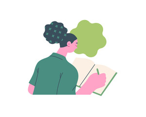 Writing people, modern flat vector concept illustration- sitting woman thoughtfully writing on notebook, bubble near head Metaphor for reflection, personal insight, contemplation, creative expression