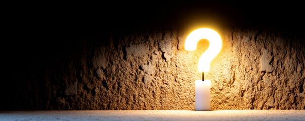Question Mark concept. A glowing question mark illuminated by a candle in a dark setting.