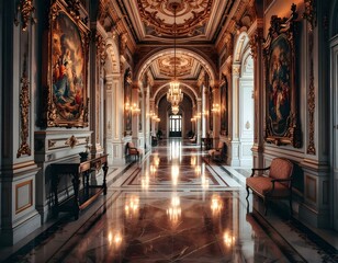 Fototapeta premium Grand Palace Hallway: Opulent Baroque Paintings and Polished Marble