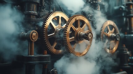 Close-up of gold gears in steam-filled industrial machinery.