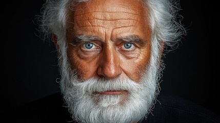 Close-up portrait of a senior man with long white beard and intense blue eyes against a dark background.