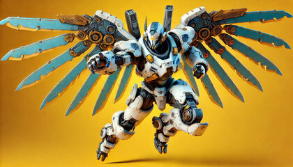 A robo animated character with wings and armor in a dynamic pose against a yellow backdrop. Generative AI.