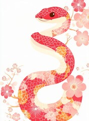 Fototapeta premium A cute snake in the style of Japanese flower patterns, with flat illustrations, red and pink colors, simple details, bold lines, on a white background.