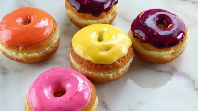 Chocolate berry cronut with alternating glazes and rich layers, set against a muted pink and brown backdrop enhancing contrast