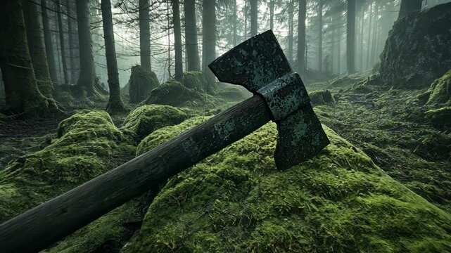 Forest setting with an axe resting on mossy rocks during a foggy morning