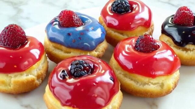 Berry cronuts with strawberry, blueberry, and raspberry glazes, arranged in a floral pattern with glossy toppings against a white marble background