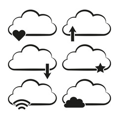 Cloud icon set. Modern internet design. Black white symbols. Vector illustration pack.