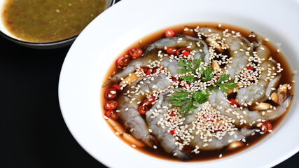 shrimp in soy sauce on white plate, korean style menu