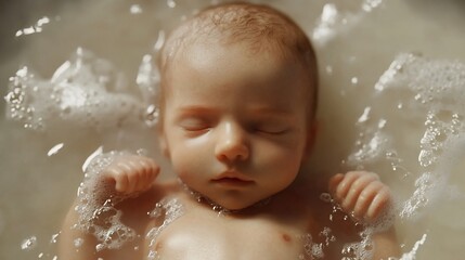 Obraz premium Serene Newborn in a Milky Bath: A Tranquil Portrait of Infancy