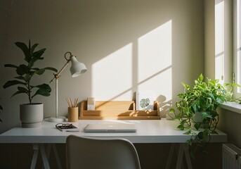 Minimalist home office with natural light and indoor plants