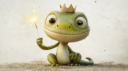 A charming cartoon lizard character wearing a crown and holding a sparkler, exuding joy and celebration in a whimsical setting