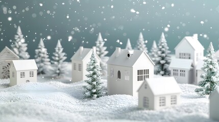 Fototapeta premium Winter wonderland with fir tree decoration and white paper houses in 3D Rendering and Illustration