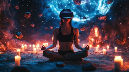 Young female doing meditation with VR headset with candle lights.