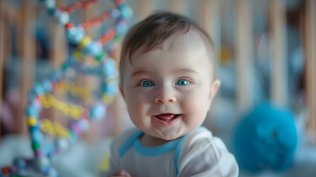 With a DNA model in the background, an adorable baby evokes genetics and gene editing concepts