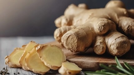 Fresh Ginger Root and Slices on Wooden Board