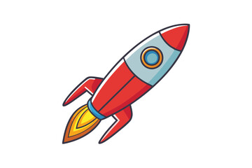 Fototapeta premium Stylized rocket icon with red, white, and blue design and flames, representing space travel and innovation in a fun, playful manner