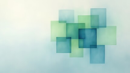 Obraz premium Abstract Art with Overlapping Translucent Squares in Cool Tones, Minimalist Geometric Design with Green and Blue Color Palette, Modern Contemporary Art, Calming Aesthetic for Interior Decor