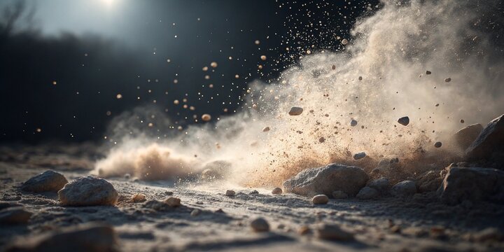 background explosion of dust and rock pieces, spraying, destruction, disaster