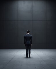 solitary businessman standing in modern minimalist space powerful symbolism of leadership focus determination and solitude representing inner strength professional growth and ambition in business
