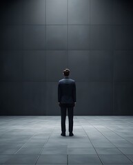 solitary businessman standing in modern minimalist space powerful symbolism of leadership focus determination and solitude representing inner strength professional growth and ambition in business