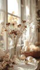 Dried flowers in a glass jar on a windowsill, bathed in soft sunlight. A cozy and minimalist home decor aesthetic.