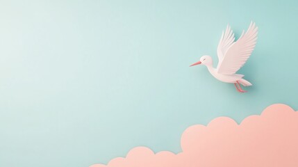 Charming Baby Shower Invitation Featuring a Flying Stork Against Pastel Clouds Perfect for Celebrations and Announcements in Minimalist Design with a Touch of Playful Elegance