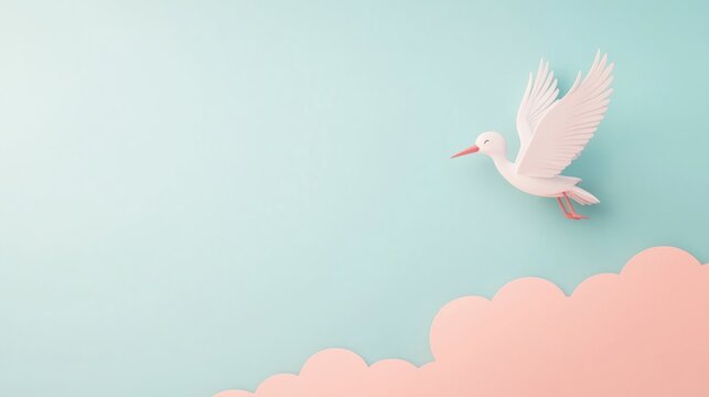Charming Baby Shower Invitation Featuring a Flying Stork Against Pastel Clouds Perfect for Celebrations and Announcements in Minimalist Design with a Touch of Playful Elegance