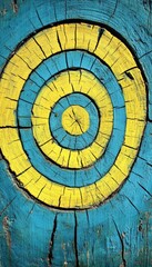 Fototapeta premium Close-up of a tree trunk painted with concentric circles of yellow and blue paint.