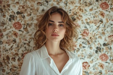 Fototapeta premium A portrait of an attractive woman with wavy hair, wearing a white shirt and posing in front of a vintage floral wallpaper background.
