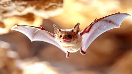 A cute, small bat in flight, wings spread, inside a cave.