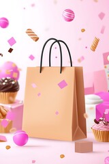 A kraft paper shopping bag surrounded by sweets and confetti.