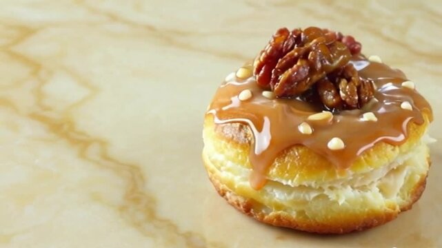Maple cronuts with maple glaze, pecans, and caramel drizzle, set against a beige marble background with warm tones balancing the neutral backdrop