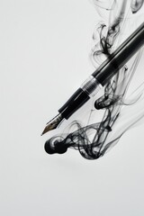 Naklejka premium Elegant fountain pen with ink swirling, creating artistic abstract background. Perfect for writing, creativity, and stationery concepts.