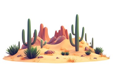 Stylized Desert Landscape With Cacti And Rocks