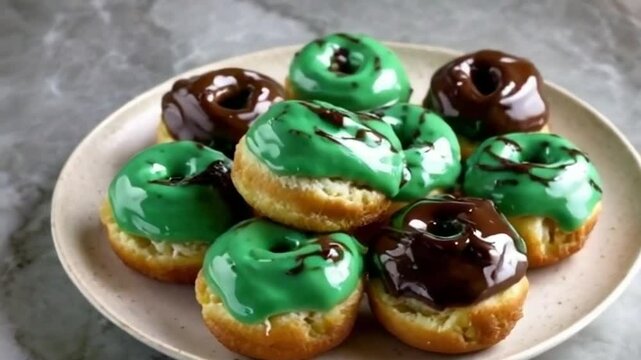Mint chocolate cronuts arranged in a symmetrical circle with mint and dark chocolate glazes, set against gray marble for a refreshing and indulgent look