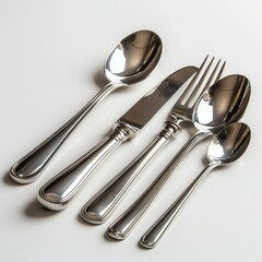 Elegant silver cutlery set, including spoons, fork, and knife, reflecting light.