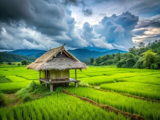 Fototapeta premium Rustic Hut in Lush Green Rice Paddy Field - Vietnam Rural Landscape