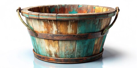 Fototapeta premium Rustic Wooden Bucket Isolated on White Background - Stock Photo