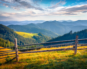 Fototapeta premium Astonishing morning view of Zamagora mountain village. Impressive summer scene of Carpathian pasture, Ukraine, Europe. Beauty of countryside concept background.
